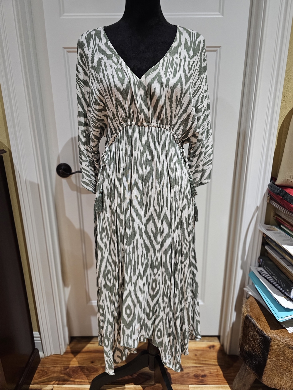 Olive and White Printed V‑Neck Midi Dress